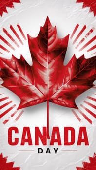 Canada Day Celebration with Red Maple Leaf. A striking design featuring a large red maple leaf with the words ,Canada Day, below it, set against a white background.