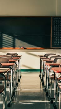 An empty classroom with neatly arranged desks and chairs facing a large blackboard. Sunlight streams through the windows, casting shadows on the floor. Copy space