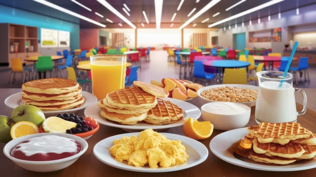 A colorful school cafeteria setting featuring a delicious breakfast spread with pancakes, scrambled eggs, fruits, orange juice, and milk.