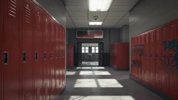 An empty school hallway featuring red lockers and graffiti, with sunlight streaming in through the windows, casting shadows on the floor.