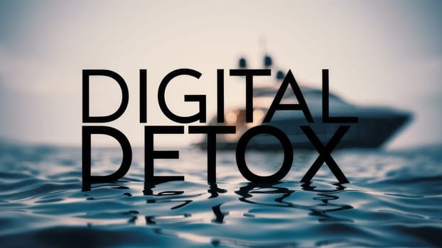 The phrase ,Digital Detox, appears over a serene image of ocean waters with a boat in the background, Travel promotions, digital detox campaigns, vacation advertisements