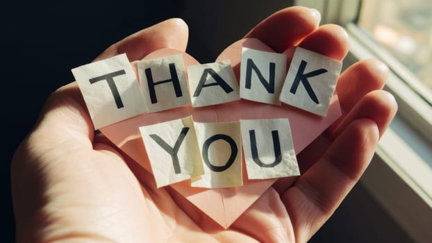 Hand holding a cut out heart with the words ,Thank You, written in cut out letters, expressing gratitude.