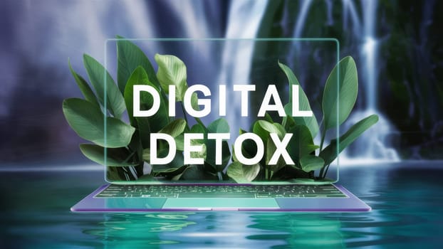 Conceptual image of a laptop screen with ,Digital Detox , text, surrounded by lush green leaves and a waterfall background.Suitable for health blogs and digital detox programs