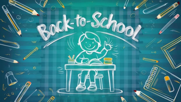 A chalk drawing of a happy student at a desk, surrounded by school supplies, with the text ,Back-to-School, on a blue grid background.