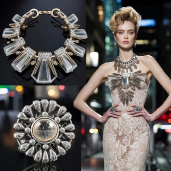 A collage featuring a model on the runway wearing intricate high fashion jewelry, alongside close-ups of a statement necklace and ring. AI-generated.
