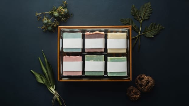 A set of six natural handmade soaps in a box, featuring green leaves and botanical elements on a dark background.Suitable for promoting organic products, handmade soaps and eco-friendly content.
