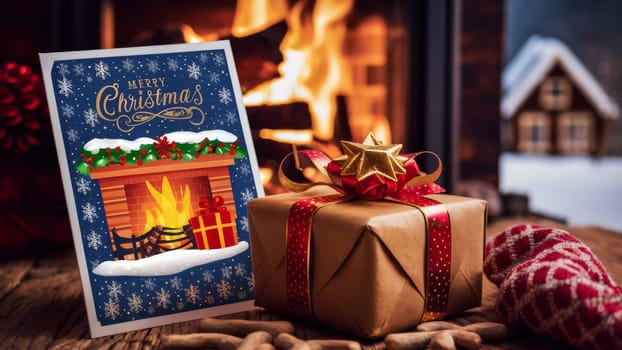 A festive Christmas card featuring a fireplace surrounded by a wrapped gift and cozy holiday decor, with a warm fire in the background.