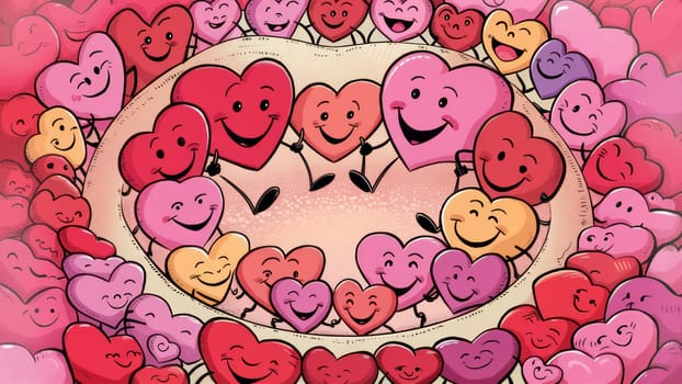 Illustration of happy, colorful hearts holding hands in a circle, creating a joyful and loving atmosphere.
