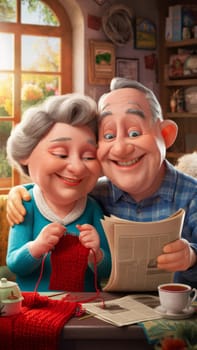 A cheerful elderly couple is seen knitting and reading in a cozy room with a bright window, enjoying their time together.