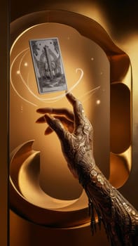 A mystical hand with intricate designs holding a floating tarot card against a golden backdrop, conveying a sense of magic and mystery.concept art