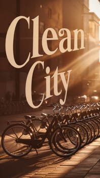 A row of parked bicycles under warm sunlight with the words ,Clean City, overlayed, promoting eco-friendly urban transportation.Suitable for eco-friendly campaigns, urban lifestyle content