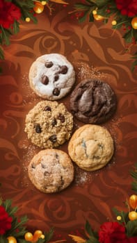 A variety of holiday cookies on a decorative background with a festive border, featuring chocolate chip, powdered sugar, and double chocolate cookies.