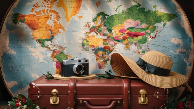 A suitcase, camera, and hat placed in front of a world map symbolize the essentials for traveling the world.Suitable for travel guides, adventure planning, and vacation content.