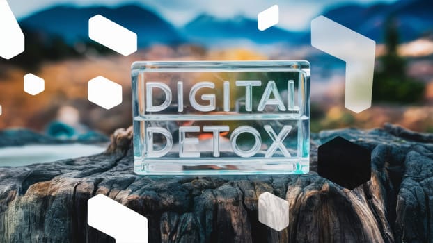 A glass block with ,Digital Detox , text placed on a tree stump, set against a blurred natural background with geometric shapes.Wellness promotions, digital detox campaigns