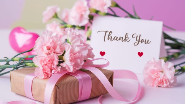 Thank you card with pink flowers and a gift wrapped in pink ribbon, creating a heartfelt and feminine aesthetic.