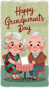 An illustrated greeting card for Grandparents' Day featuring a cute drawing of an elderly couple, set against a cheerful background.,Generated image.