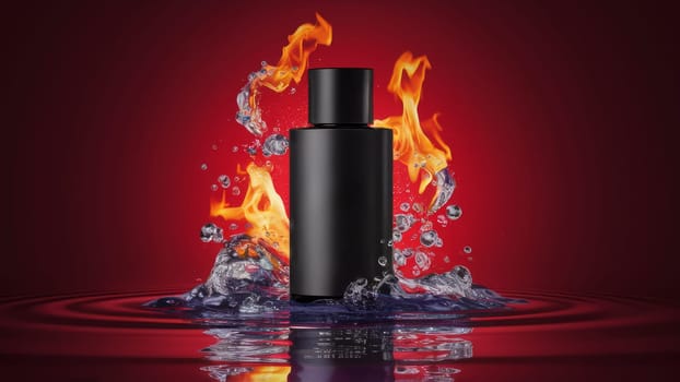 A delicate black bottle surrounded by dynamic splashes of water and flame on a bright red background.cosmetic product packaging