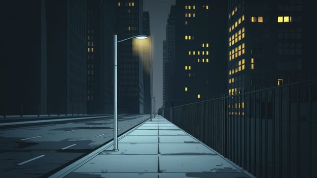 A deserted city street at night, lit by a single street lamp, with tall buildings in the background and a calm, quiet atmosphere.