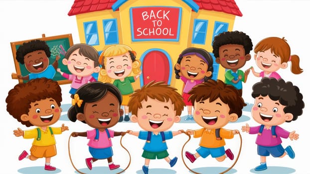 Happy Kids Back to School Illustration. A cheerful illustration of diverse children playing and smiling in front of a school building, with a ,Back to School, sign.