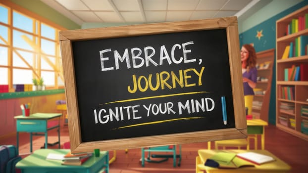 A chalkboard with the motivational phrases ,Embrace, Journey, and ,Ignite Your Mind, in a brightly lit classroom setting with a teacher in the background.