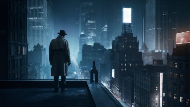 A mysterious detective in a trench coat and fedora stands on a rooftop, gazing over a dimly lit city skyline at night.