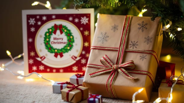 A Christmas gift wrapped in brown paper with red and gold ribbon, accompanied by a festive card and small gifts, under a lit Christmas tree.