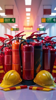 A collection of fire extinguishers, yellow helmets and safety equipment in a well-lit room with green exit signs in the background.Suitable for safety instructions and emergency preparedness content