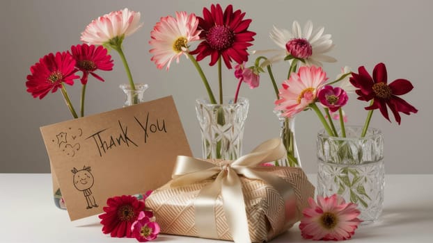 A thank you card displayed with a bouquet of colorful flowers in crystal vases and a gift wrapped with a satin ribbon.