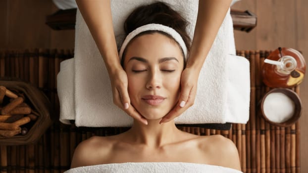 A woman receiving a relaxing facial massage at a spa, surrounded by natural elements and a tranquil atmosphere.Suitable for wellness promotions, spa advertising, and beauty therapy content.