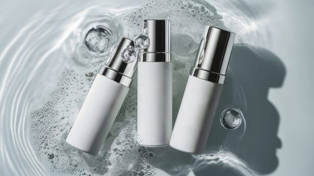 Three sleek skincare bottles immersed in water surrounded by bubbles create a fresh and clean visual image.mockup