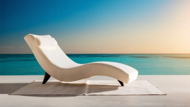 Elegant modern white lounge chair on a patio overlooking the calm turquoise ocean and clear blue sky.Suitable for travel brochures, luxury resort advertising and beach holiday promotions.copy space