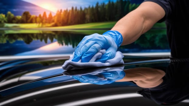 Close-up of a man's gloved hand wiping a car with a microfiber cloth, against a scenic background.