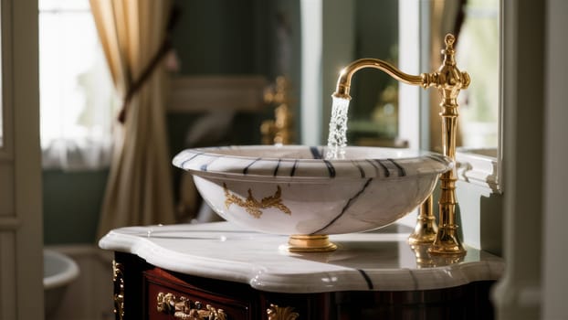 A luxurious marble sink with an ornate gold faucet in a beautifully lit bathroom, evoking elegance and sophistication. Copy space.