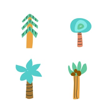 Cute childrens floral elements set. Tropical and scandinavian tree collection. Palms and christmas tree in childish style. Naive doodle floral set for poster, pattern, greeting card.