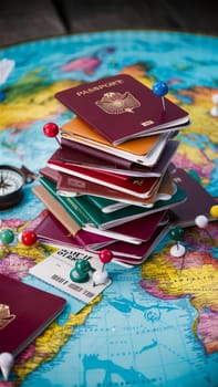 A stack of colorful passports stacked on a world map with location markers and a compass symbolizing world travel and exploration.