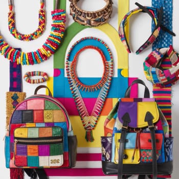 Vibrant display of colorful ethnic jewelry and accessories, including patchwork backpacks, beaded necklaces, and fabric headbands, arranged on a white background.