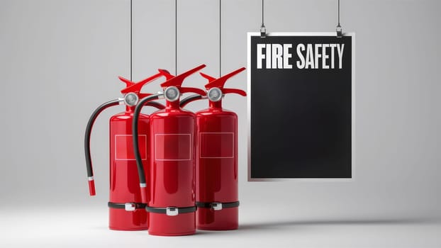 Three fire extinguishers placed next to a fire safety sign in a bright, minimalist setting.copy space