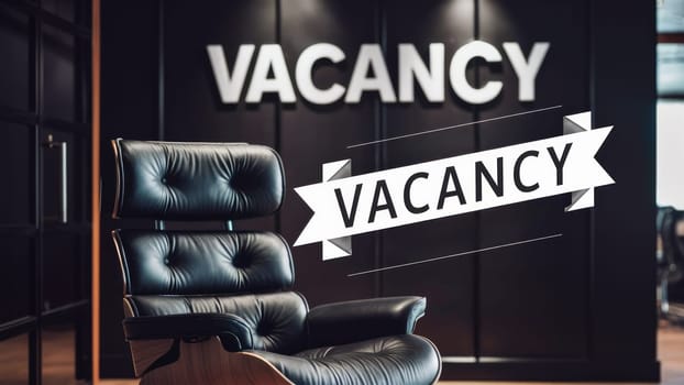 Modern office chair in front of large Job Vacancy sign set in elegant, professional office environment indicating an open position.