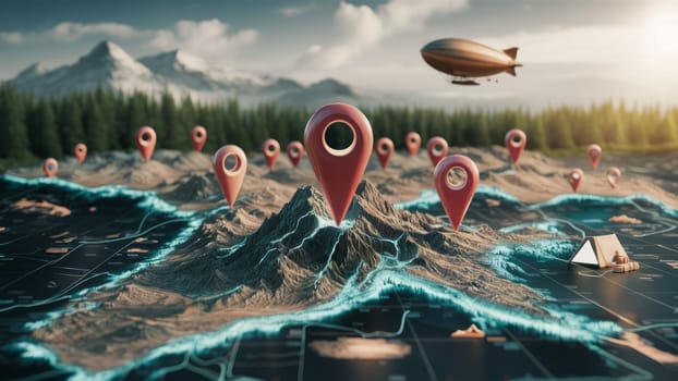 Nav markers mark locations on a 3D map against a backdrop of scenic mountains and forests with an airship in the sky.Suitable for travel agencies, adventure tourism promotions