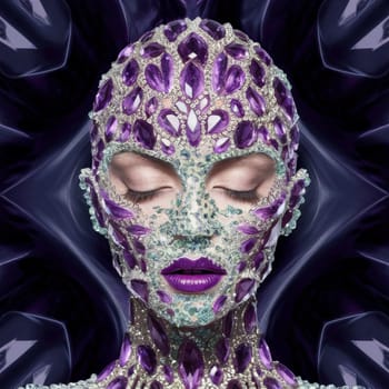 A striking portrait of a woman's face covered in purple and silver gemstones, with her eyes closed, against a dark background reminiscent of gemstones, creates a sense of surreal and ethereal origin