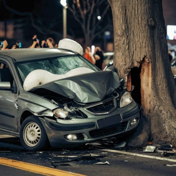 A damaged car with airbags deployed after hitting a tree at night, spectators in the background.