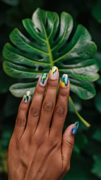 Close-up of a hand with artistically painted nails against a large green leaf, highlighting the vibrant nail art and natural background.