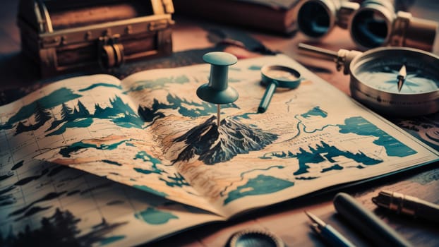 A detailed 3D map with a pushpin marking a mountainous area, surrounded by exploration tools like a compass and binoculars on a wooden table.