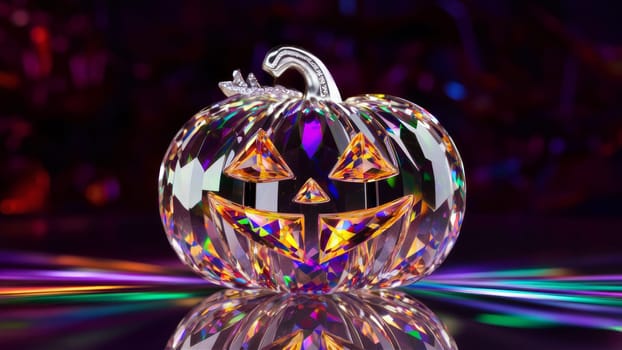 A sparkling crystal jack o lantern with a prismatic effect, glowing in vibrant colors against a dark background. Halloween and holiday-themed content.