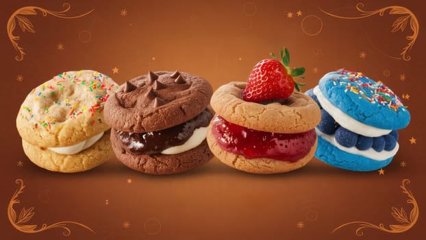 A delicious assortment of cookie sandwiches featuring various flavors and vibrant colors, including chocolate, vanilla, strawberry, and blueberry fillings.