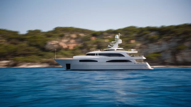 Sleek white yacht sailing along a scenic coastline with lush green hills in the background. Suitable for travel promotions.