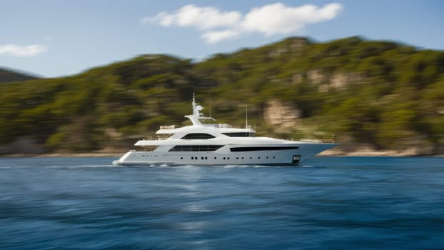 A sleek, white yacht cruising on calm waters against a backdrop of lush green hills and clear blue sky, showcasing luxury travel.lifestyle content