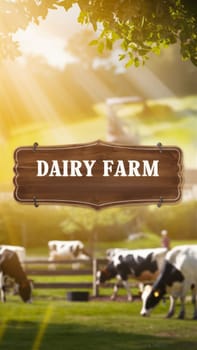 A wooden sign reading ,Dairy Farm, hangs prominently in a sunlit field, with cows grazing in the background under a bright sky.