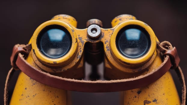 A close-up of vintage yellow binoculars with distressed paint and leather straps highlighting their nostalgic and rugged character.vintage-style designs, nostalgic campaigns