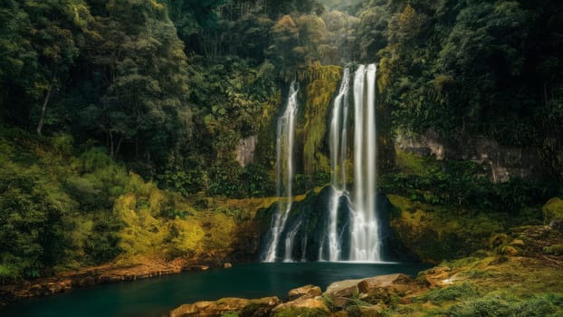 A stunning waterfall cascading into a serene pool surrounded by lush green forest. The scene captures the beauty of nature and tranquility.